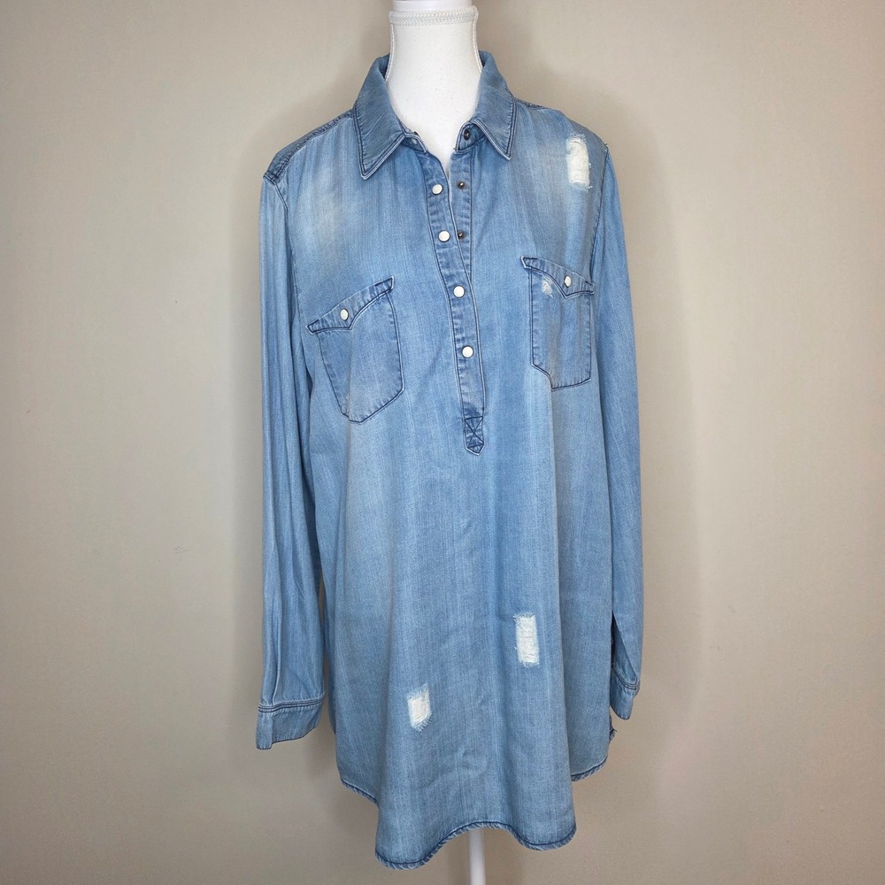 John Mark Womens Blue Distressed Tencel Denim Long Shirt Tunic Western Large